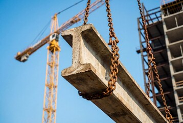 A heavy concrete i beam is hoisted by chains from a tower crane at a construction site