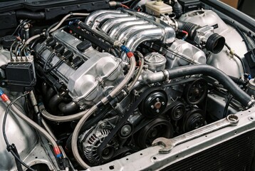 Fototapeta premium A detailed view of a clean car engine bay with a polished intake manifold and a wrench