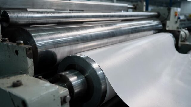 Medium shot capturing hard nip calender machinery applying intense pressure on uncoated paper creating a highly polished surface for premium quality.
