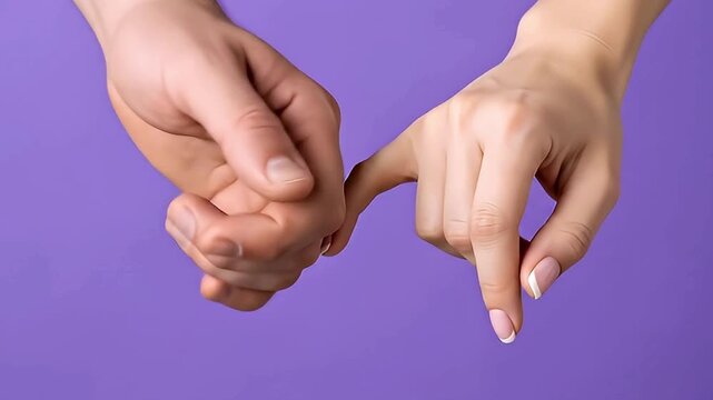 A close-up shows two hands, one masculine, one feminine, performing a pinky promise against a vibrant purple background. This tender gesture symbolizes trust, commitment, and agreement, making it idea