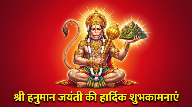 Hanuman jayanti. Lord hanuman puja. Indian hindu god worship. Divine Lord Hanuman Illustration with Sanjeevani Mountain &ndash; Hanuman Jayanti Festival Greeting. 