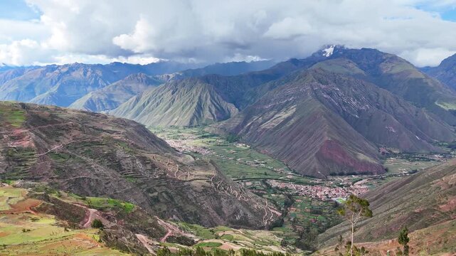 Aerial view of the Chinchero viewpoint in the Sacred Valley of Cusco, Peru