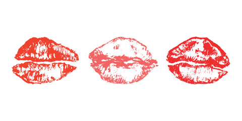 Set of lipstick kiss print Different shapes and colors imprint of lips Red pink female sexy lips makeup Design elements for beauty fashion poster Valentines Day wedding