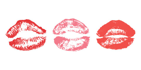 Set of lipstick kiss print Different shapes and colors imprint of lips Red pink female sexy lips makeup Design elements for beauty fashion poster Valentines Day wedding