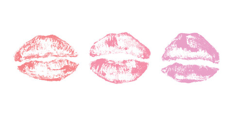 Set of lipstick kiss print Different shapes and colors imprint of lips Red pink female sexy lips makeup Design elements for beauty fashion poster Valentines Day wedding