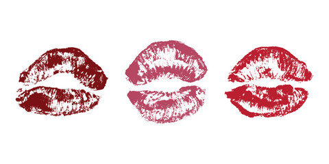 Set of lipstick kiss print Different shapes and colors imprint of lips Red pink female sexy lips makeup Design elements for beauty fashion poster Valentines Day wedding