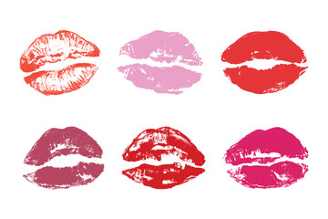 Set of lipstick kiss print Different shapes and colors imprint of lips Red pink female sexy lips makeup Design elements for beauty fashion poster Valentines Day wedding