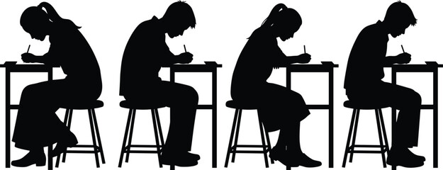 Students taking written exam in classroom showing focused study, education assessment, test preparation, learning discipline and academic pressure, black and white silhouette illustration © Jomila