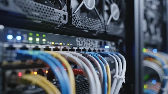 Network cables connected to a server in a data center.