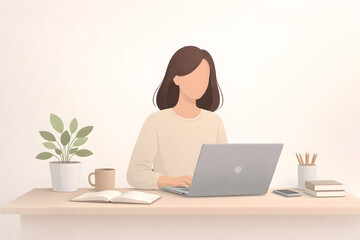 Minimal Female Freelancer Working at Desk Illustration