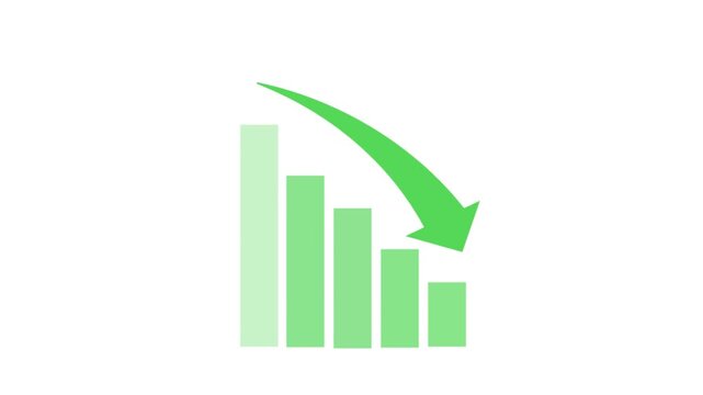 Green Bar Chart with Downward Arrow Indicating Financial Decline and Business Loss.