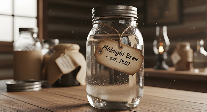 A glass mason jar filled with clear liquid and a vintage label reading Midnight Brew est 1920 on a rustic wooden table