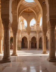A tranquil courtyard within the Alabaster Mosque surrounded by stone columns and arched windows,  mosque,  arched windows