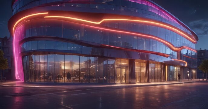 Curved fa?ade of futuristic building glowing softly , modern skyscraper, neon lights