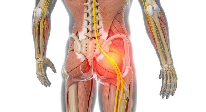 Human body anatomy with highlighted sciatic nerve