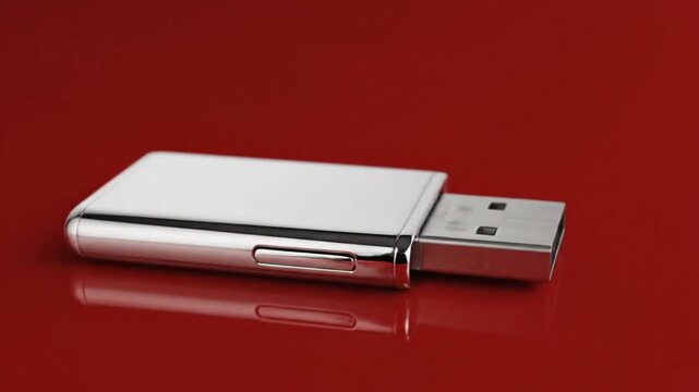 Close-up of a USB flash drive on a red background, showcasing its sleek design and data storage capabilities.