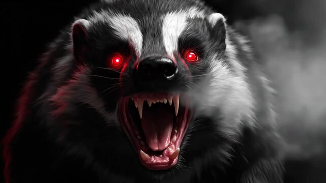 Digital painting of a badger with glowing red eyes, snarling, and fur, set against a dark background
