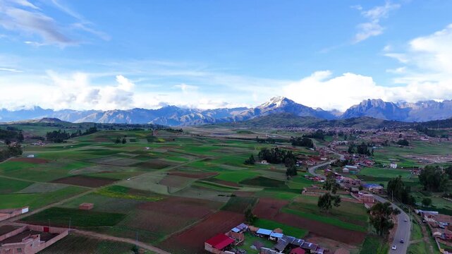 Aerial view of the Sacred Valley of the Incas in the native villages in Cusco, Peru
