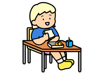 学校生活　机でランチをとる金髪の女の子（サンドイッチ）