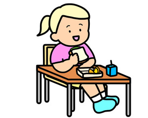学校生活　机でランチをとる金髪の女の子（サンドイッチ）