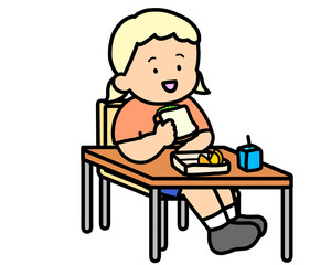学校生活　机でランチをとる金髪の女の子（サンドイッチ）
