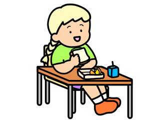 学校生活　机でランチをとる金髪の女の子（サンドイッチ）