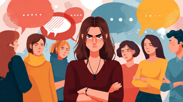 Angry young woman among people not willing to talk to her. Concept of communication problem with unpleasant arrogant annoying selfish person. Colorful vector illustration in flat cartoon style.