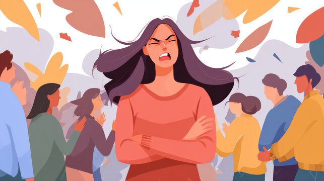 Angry young woman among people not willing to talk to her. Concept of communication problem with unpleasant arrogant annoying selfish person. Colorful vector illustration in flat cartoon style.