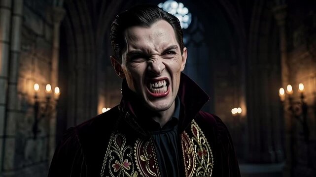 Draculas menacing transformation in a dark castle.