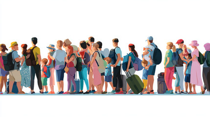 Fototapeta premium Big queue. Many, multitude people waiting in long line, back view. Crowd of tourists, refugees, men, women, children queuing. Migration concept. Flat vector illustration isolated on white background