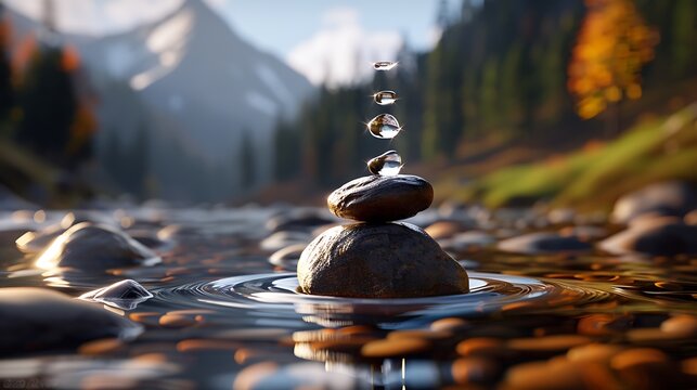 Serene Stone Stacking in a Tranquil Forest Stream with Falling Water Droplets