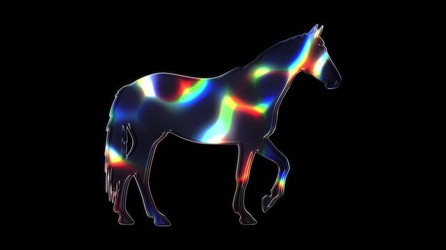 A horse shimmering with various colored lights on a glass-like surface with an alpha channel. Seamless loop video.