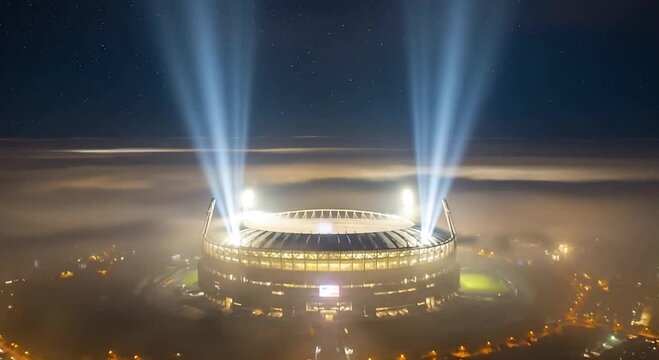 Brightly lit stadium with powerful searchlights piercing through heavy fog above a city at night under a starry sky