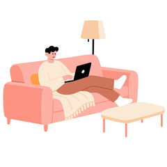 Man Relaxing and Working on Laptop on Couch