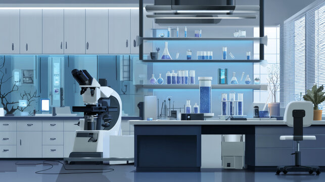 Inside modern scientific chemical laboratory or chemistry classroom interior. Microscope, glass tubes, flaks and other instruments and equipment for analysis and research. Flat vector illustration