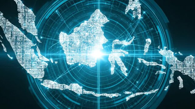 Futuristic digital map of an archipelago and surrounding region with a bright central light source