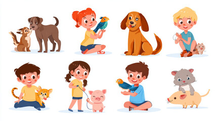 Naklejka na ściany i meble Children with pets flat vector illustrations set. Happy domestic animals owners cartoon characters pack. Kids playing with different home pets. Mountain dog, mini pig, cute budgerigar and ferret.