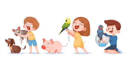 Fototapeta na wymiar Children with pets flat vector illustrations set. Happy domestic animals owners cartoon characters pack. Kids playing with different home pets. Mountain dog, mini pig, cute budgerigar and ferret.