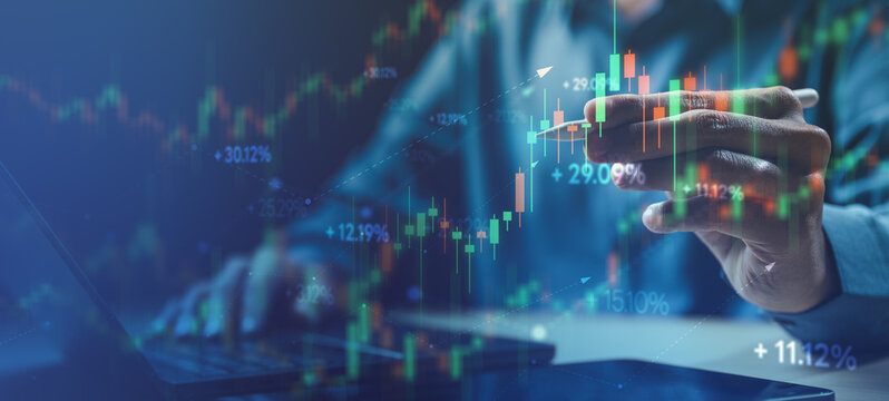 Investment portfolio and stock market growth concept with candlestick charts and performance data, representing portfolio allocation, risk management, APY and yield comparison, and financial analysis.