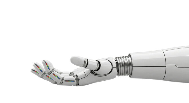 Robotic hand outstretched with open palm, futuristic technology, AI concept