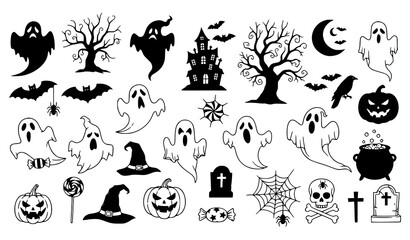 Obraz premium Halloween Ghost Clipart – Black & White Spooky Doodle Vector Set