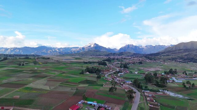 Aerial view of the Sacred Valley of the Incas in the native villages, cusco, peru