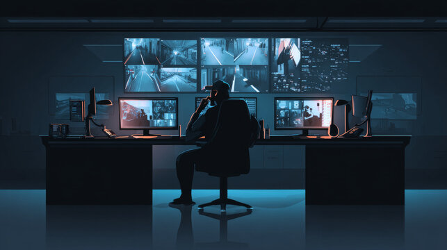 Security service worker sitting in dark control room in front of monitors displaying video from surveillance cameras, watching and talking on phone. Back view. Flat cartoon vector illustration