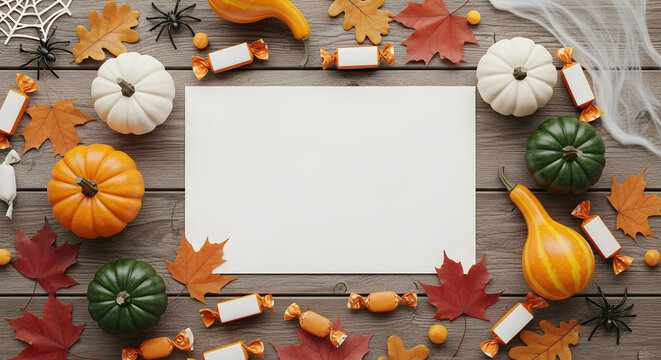 Blank white card surrounded by pumpkins, autumn leaves, and cand