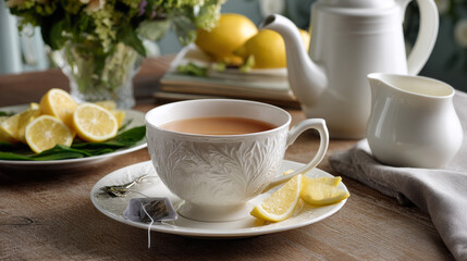 Fototapeta premium An elegant setting featuring a white porcelain tea cup with an embossed design, filled with English tea and a teabag. Accompanying the cup are fresh lemon slices on a saucer and a small milk jug.
