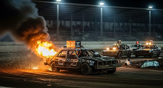 Demolition Derby Carnage - Cars Colliding in Fiery Destruction.