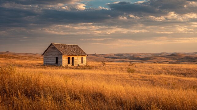 phallus. A solitary cabin on a vast prairie under the warm glow of sunset. inspiring travel planning, travel magazines, designed for outdoor magazines and nature guides, used by ux designers.