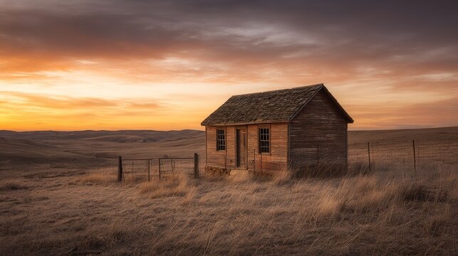 phallus. A solitary cabin on a vast prairie under the warm glow of sunset. inspiring travel planning, travel magazines, designed for outdoor magazines and nature guides, used by ux designers.