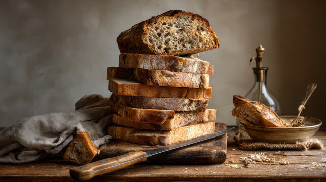 A tall stack of freshly sliced rustic bread on a wooden table with a knife the warm lighting highlights the bread&rsquo;s crusty texture and soft interior against a neutral background