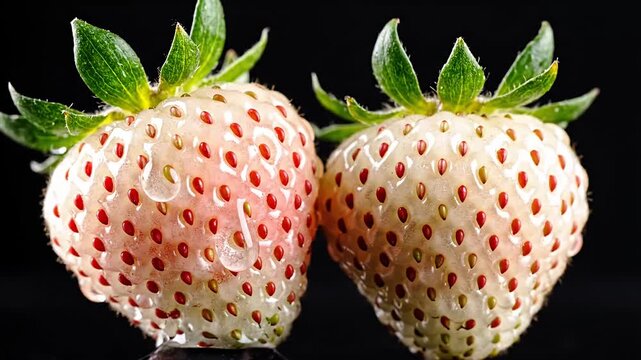 Two fresh white strawberries with water dripping on black background
